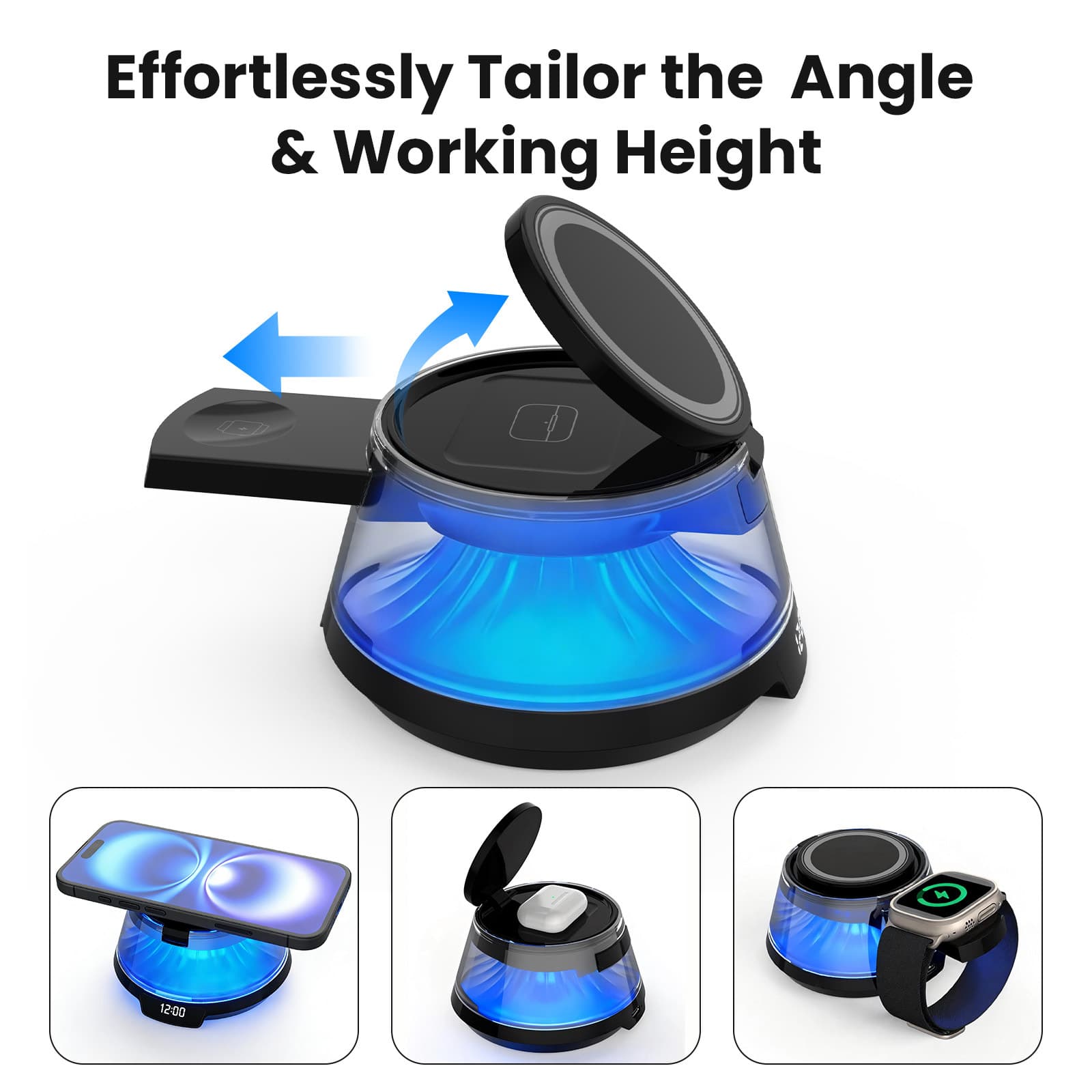 Five-in-one wireless charger suitable for Apple mobile phones, headphones, watches, desktop clocks with ambient lights, wireless charging