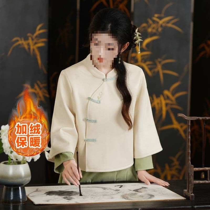 Autumn/Winter Chinese Style Fleece-Lined Hanfu Women's Cheongsam Republic of China Retro Two-Piece Embroidered Women's Tang Suit Tea Set