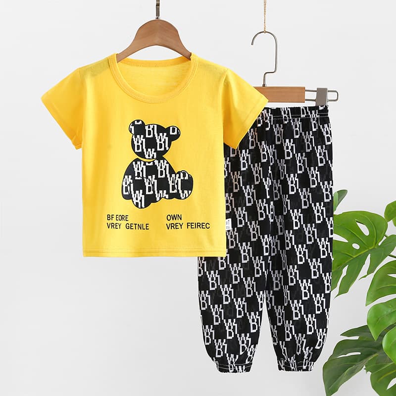 2026 Summer Korean Cartoon Short Sleeve Long Pants Set Cotton Inner Wear for Boys and Girls