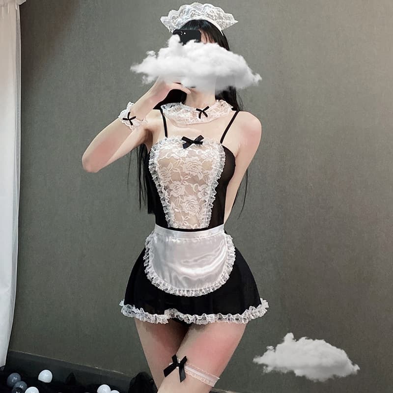 Plus Size Sexy Lingerie Maid Costume Role Play Lace Hollow Out Set Women's 7146