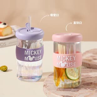 Disney Glass Cup Straw Cup Tea Separation Couple Cup Cute Cup Gift Cup New Wholesale