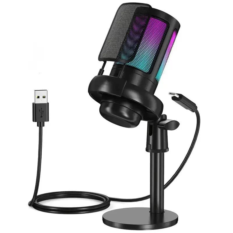 USB Condenser Microphone with RGB Lighting for PC Karaoke Gaming Voice Recording Live Streaming Wired Mic