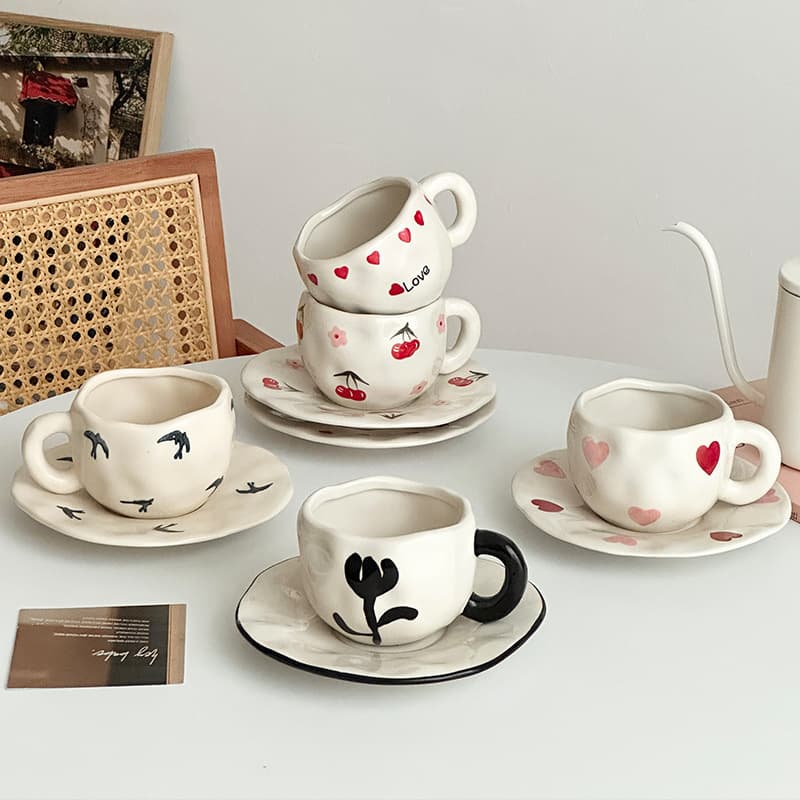 Stylish Office Afternoon Tea Coffee Cup and Saucer Set Breakfast Cup Mug Ceramic Cup Home Handle Heat-Resistant Water Cup