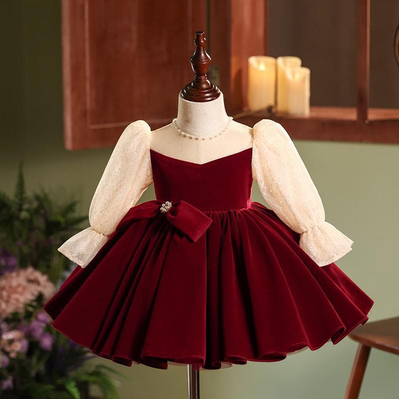 Baby First Birthday Dress 2026 New Chinese Style Long Sleeve Velvet Tutu Dress Children's Birthday Party New Year Little Gown