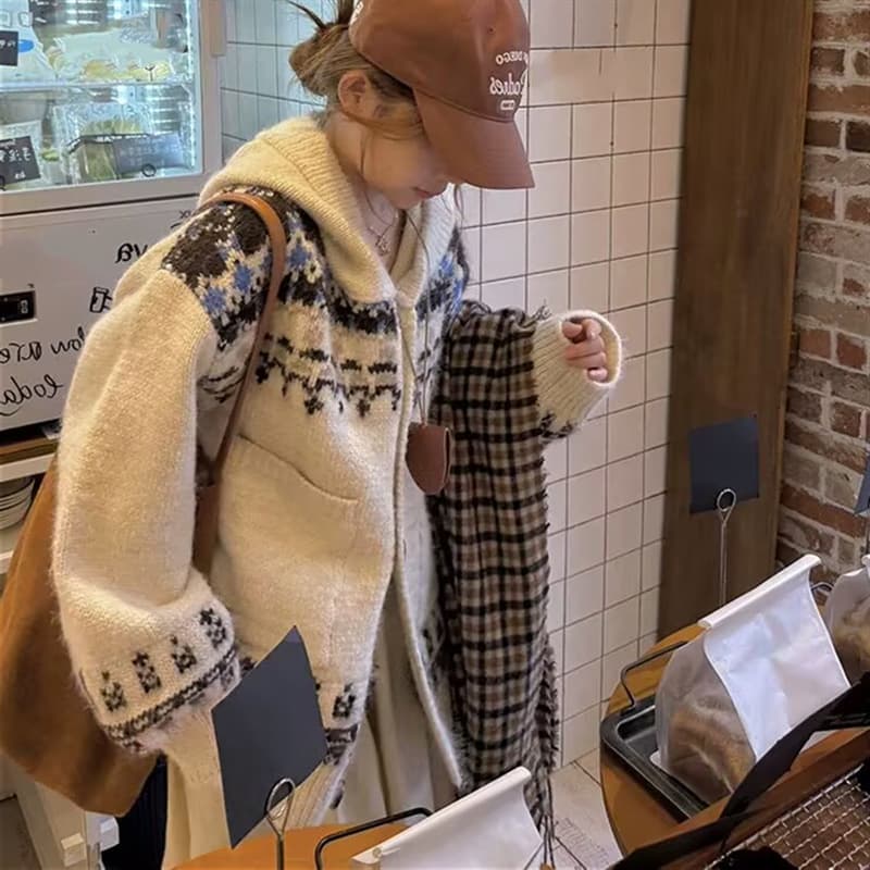 2025 Autumn/Winter New Korean Loose Fair Isle Pullover Sweater Casual Knit Top for Women