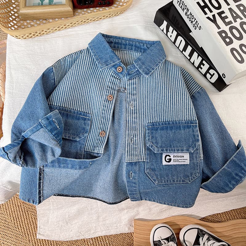 2026 New Fall Coat for Kids: Striped Denim Shirt with Turn-Down Collar, Cool Patchwork Cardigan for Boys and Girls
