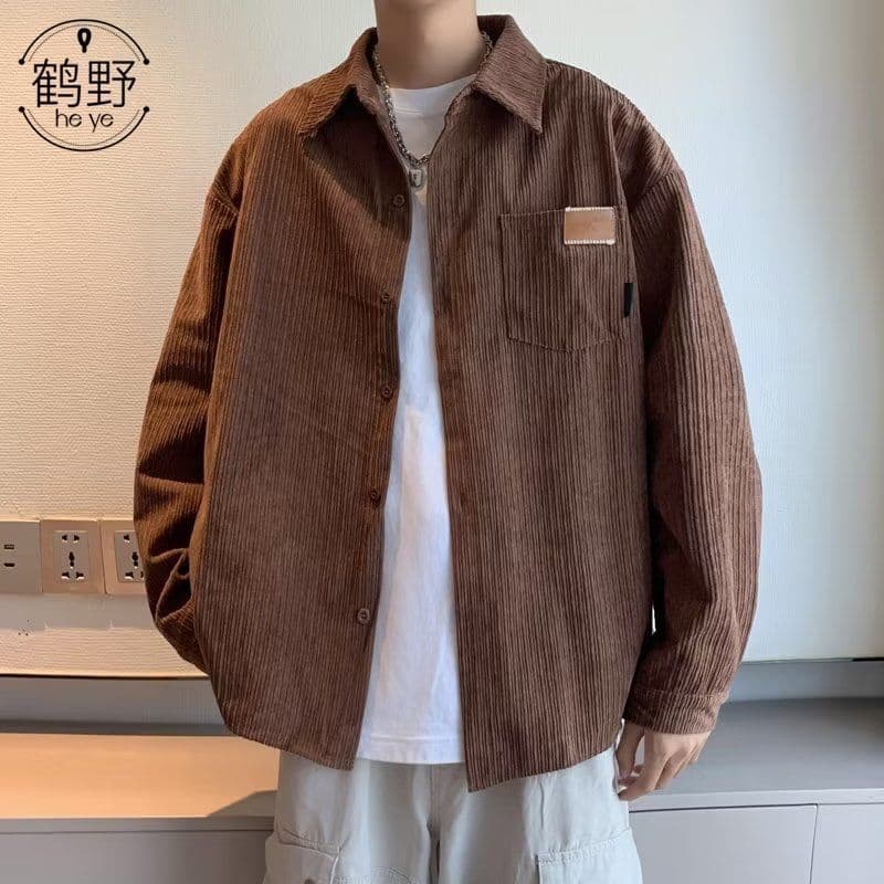 Men's long-sleeved corduroy shirt, loose fit, American retro style, trendy shirt jacket, spring and autumn style.