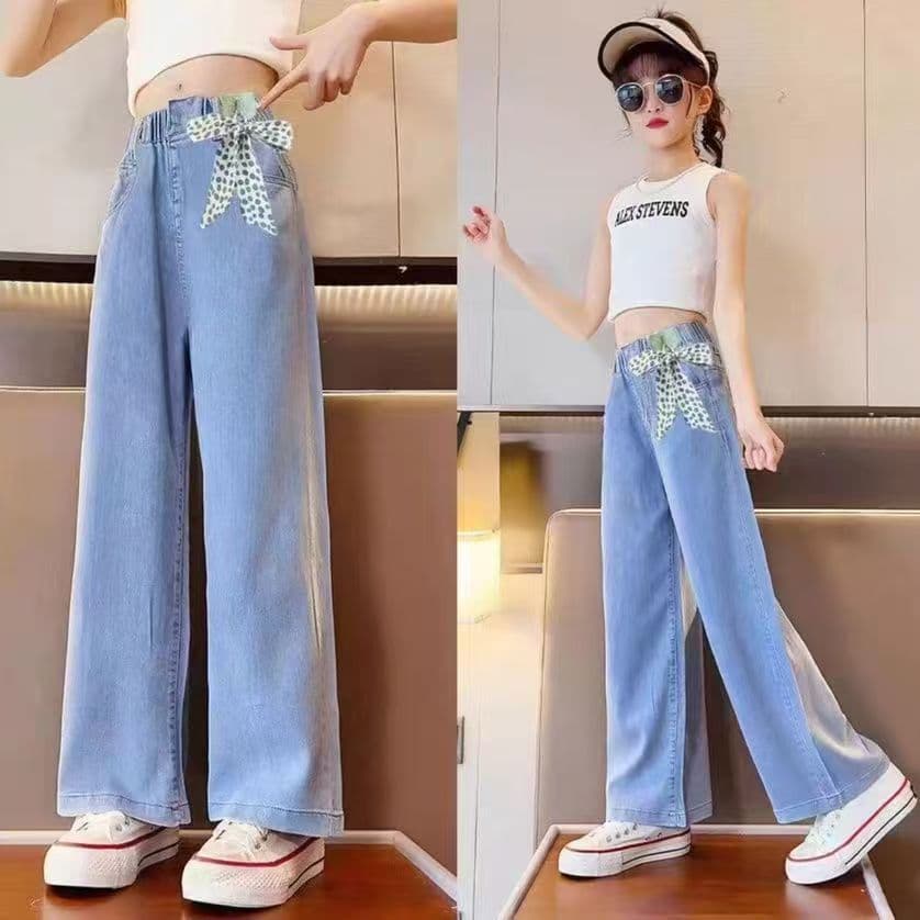 Multiple Styles Tween Girls Tencel Jeans Summer Hot-Selling Lightweight 2025 New Wide-Leg Pants Stylish Slimming Long Pants
