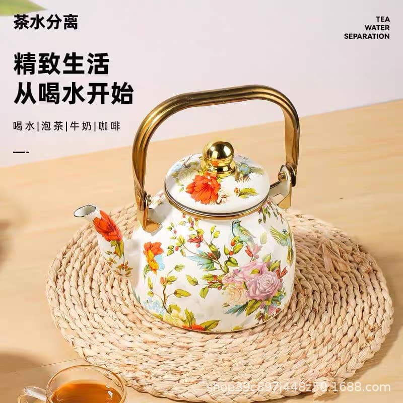 Gold Handle Enamel Kettle 1.2L Flat Bottom with Strainer, Household Boiling Water Kettle, Cold Water Pitcher, Pear-Shaped Pot for Brewing Coffee