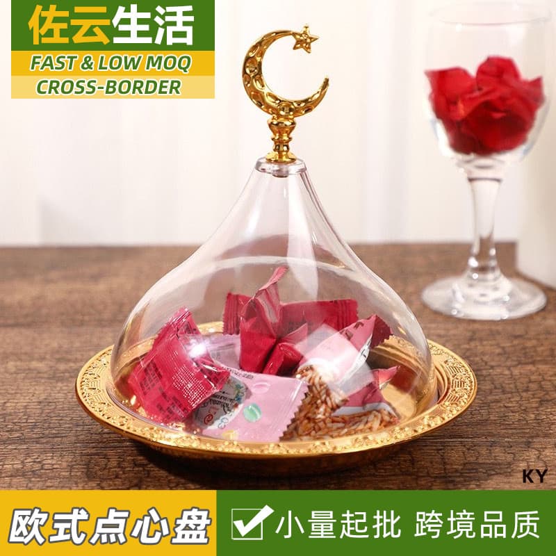 European Elegant Fruit Plate Solid Carved Round Tray with Lid Dessert Tray Acrylic Cover Cake Pastry Storage Plate