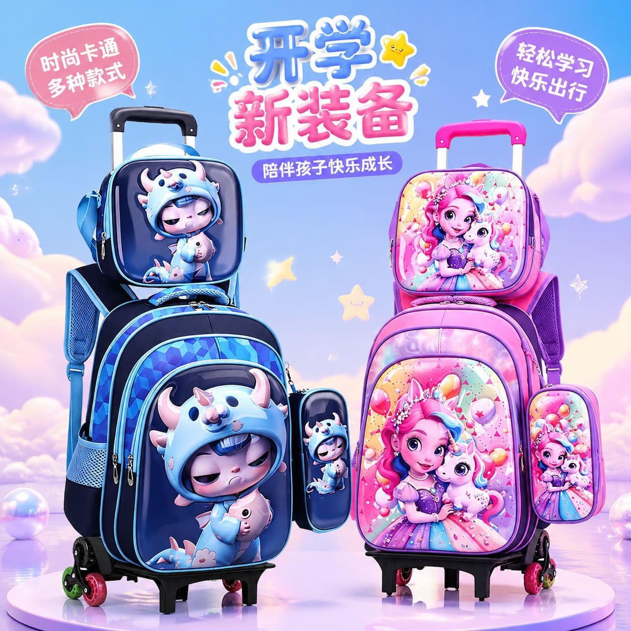 26 New 3D Primary School Trolley School Bag Boys and Girls Lunch Bag Pen Bag Three-piece Set Children's Cartoon Backpack