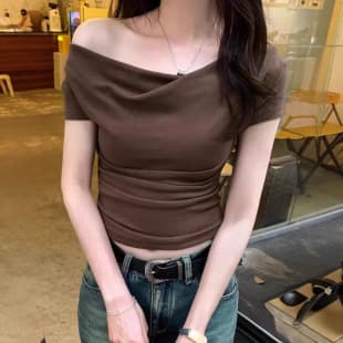 Fashionable Design Sexy Stacked Collar Slimming Short Sleeve Low V-Neck T-Shirt for Women Summer Hot Girl Draped Neck Cropped Top