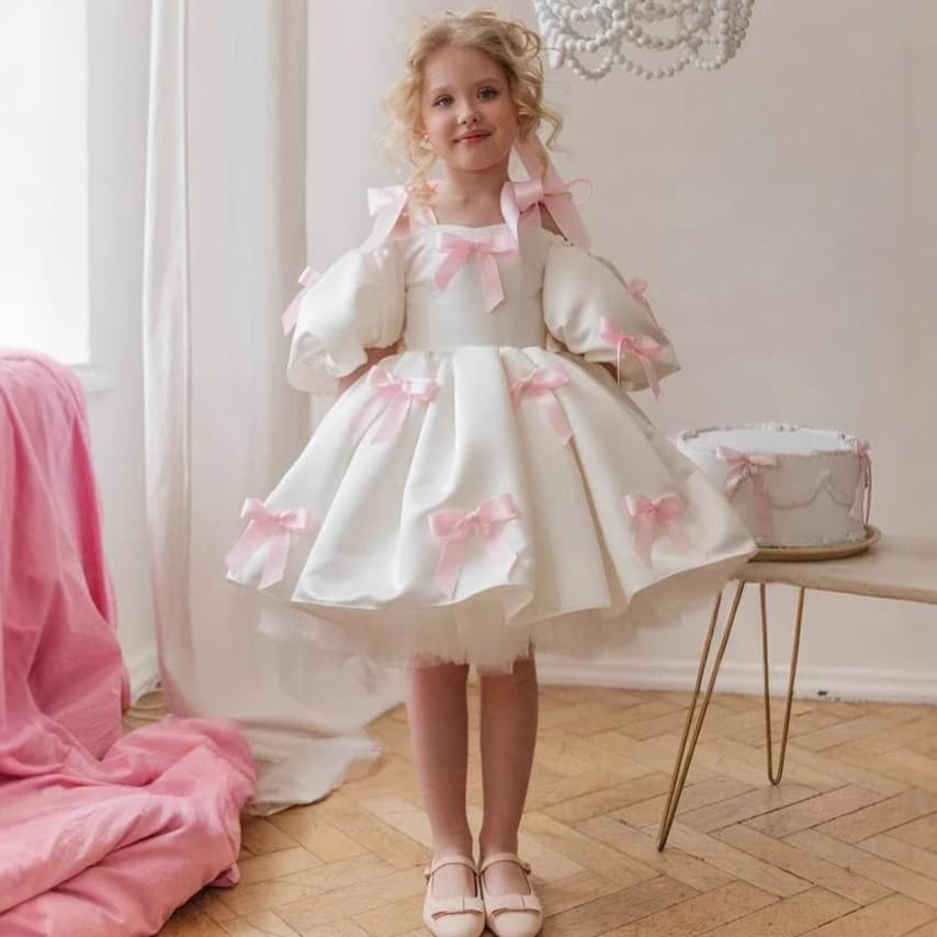 French Puff Sleeve Children's Dress Aliexpress Cross-Border New Girl's Fluffy Princess Dress Sweet and Cute Dress