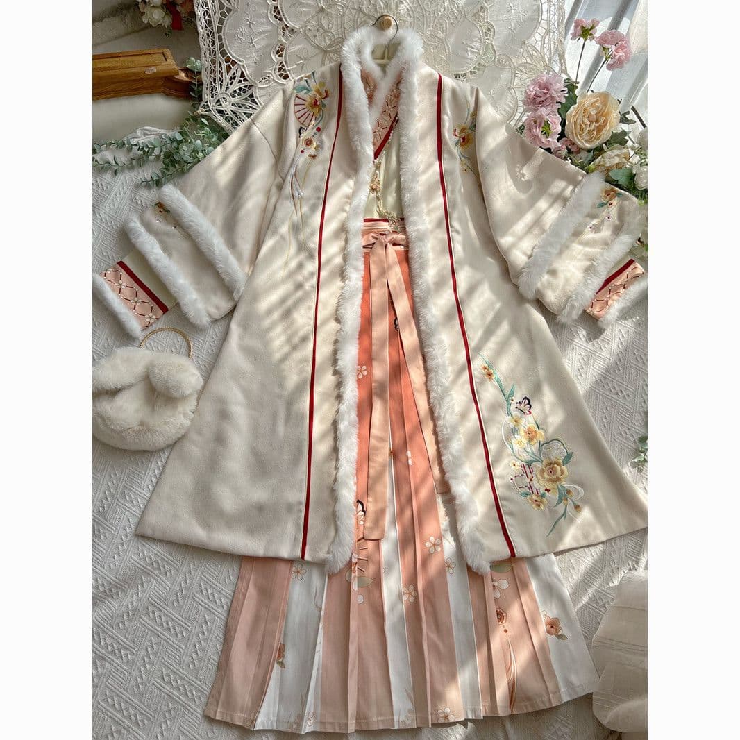 Original [Lotus] Winter Song Dynasty Hanfu Women's Duijin Long Jacket Cross-Collar Pleated Skirt Daily Fleece-Lined Set