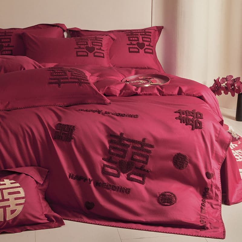 New Chinese Wedding Double Happiness Bedding 4-Piece Set, Red Double Happiness Duvet Cover Pure Cotton Sheet, Marriage Bedding Dropshipping