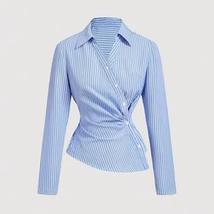 European and American cross-border Korean-style chic fitted long-sleeve shirt with unique blue stripes and waist-defining design