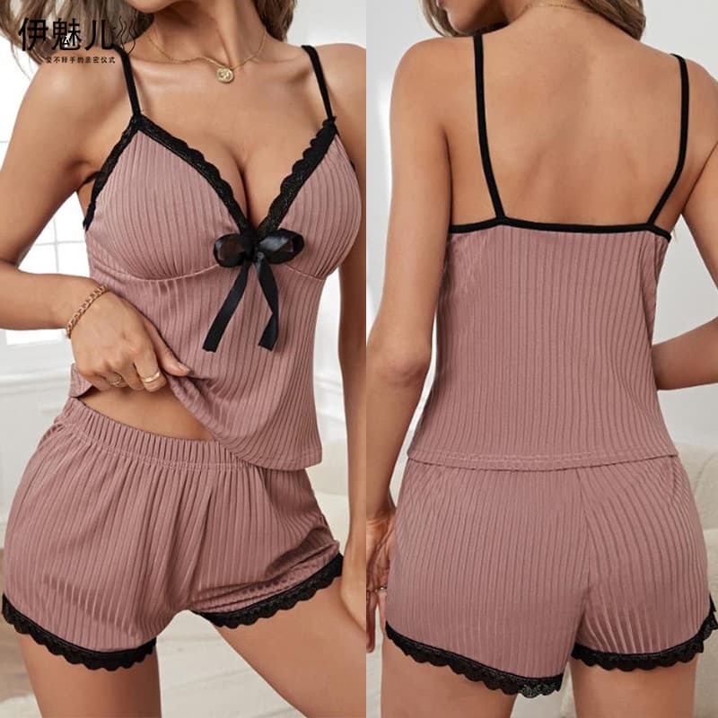 2024 New Sexy Breastless Suspenders Deep V Lace Ladies Pajamas Home Clothes Set Manufacturer 1734