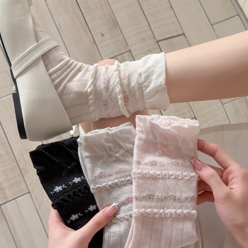 Spring and Summer Ballet Style Bubble Hem Floral Mid-Calf Socks Korean Girl Bow Socks Sweet School Style Mid-Calf Socks
