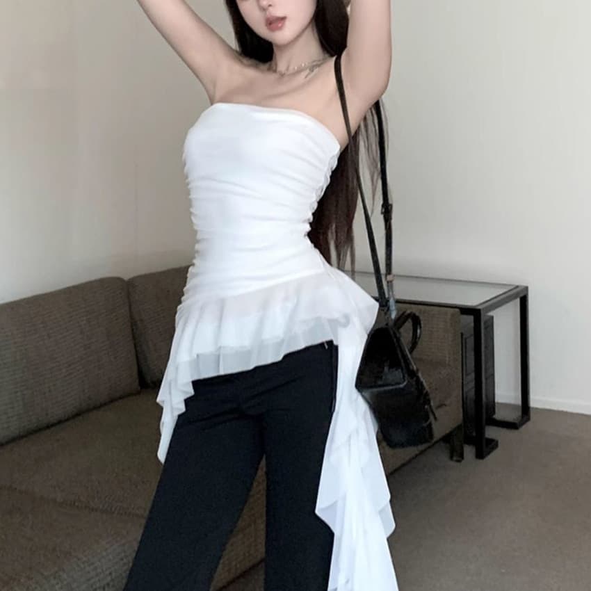 Cross-border Wholesale Irregular Ruffle Hem Atmosphere Camisole Top Women's Outerwear Niche Wrap Strap Bustier Top