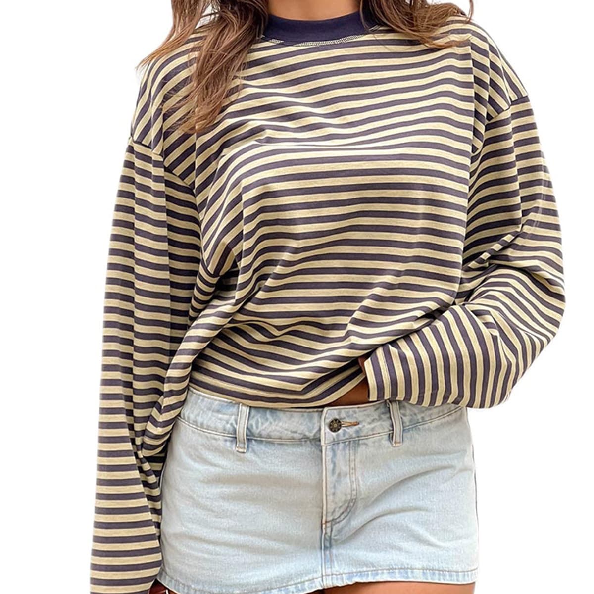 Full of Vitality ~ Contrast Color Round Neck Lazy Round Neck Cotton Long-Sleeved Striped T-Shirt Women's New 2025 Spring and Summer Loose