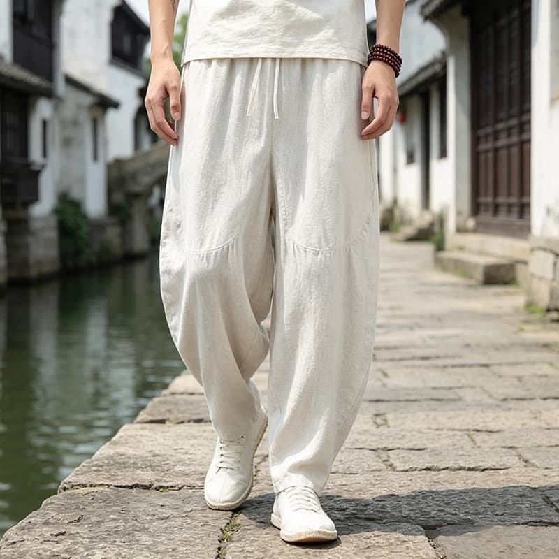 Summer Chinese Style Cotton Linen Pants Men's Curved Blade Pants Drape Wide Leg Lantern Pants Plus Size Tapered Linen Casual Pants