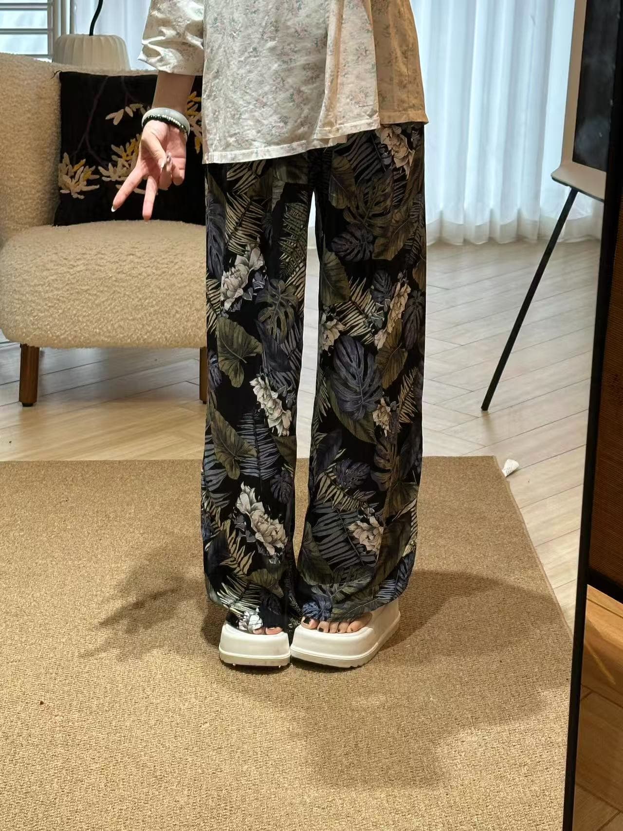 New Printed Casual Silk Cotton Pants for Women, Flowy Summer Loose Straight Leg Pants, Slimming Wide Leg Lounge Pants for Outdoor Wear