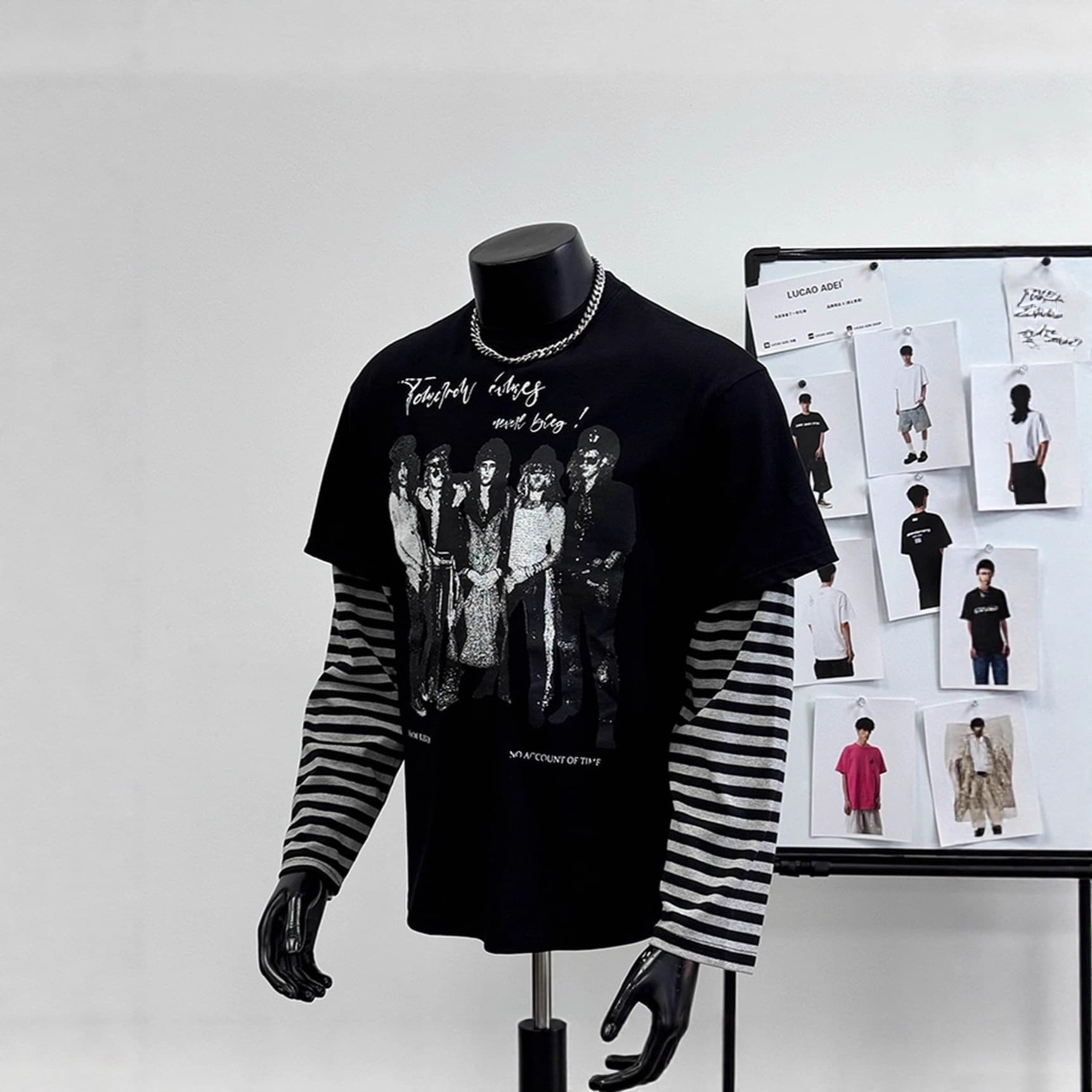 Spring/Autumn New Trendy Faux Two-Piece Striped Sleeve American Dark Style Portrait Print Black Long-Sleeve Men's Top