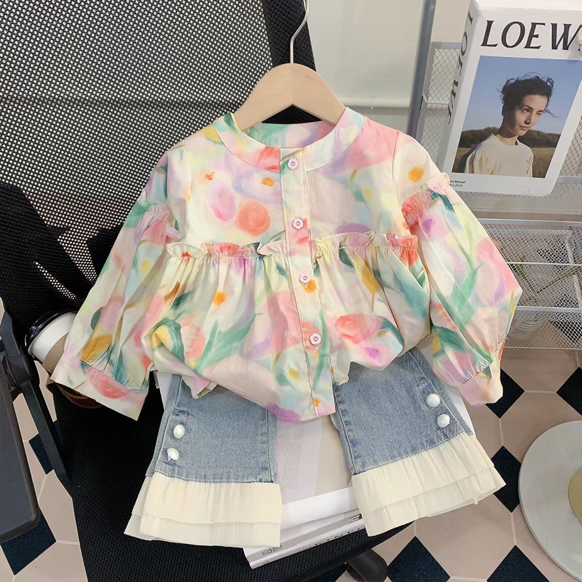 Girls' 2026 Fall New Cute Floral Print Shirt with Denim Long Pants Two-Piece Set Baby Girl Fashion Doll Shirt Set