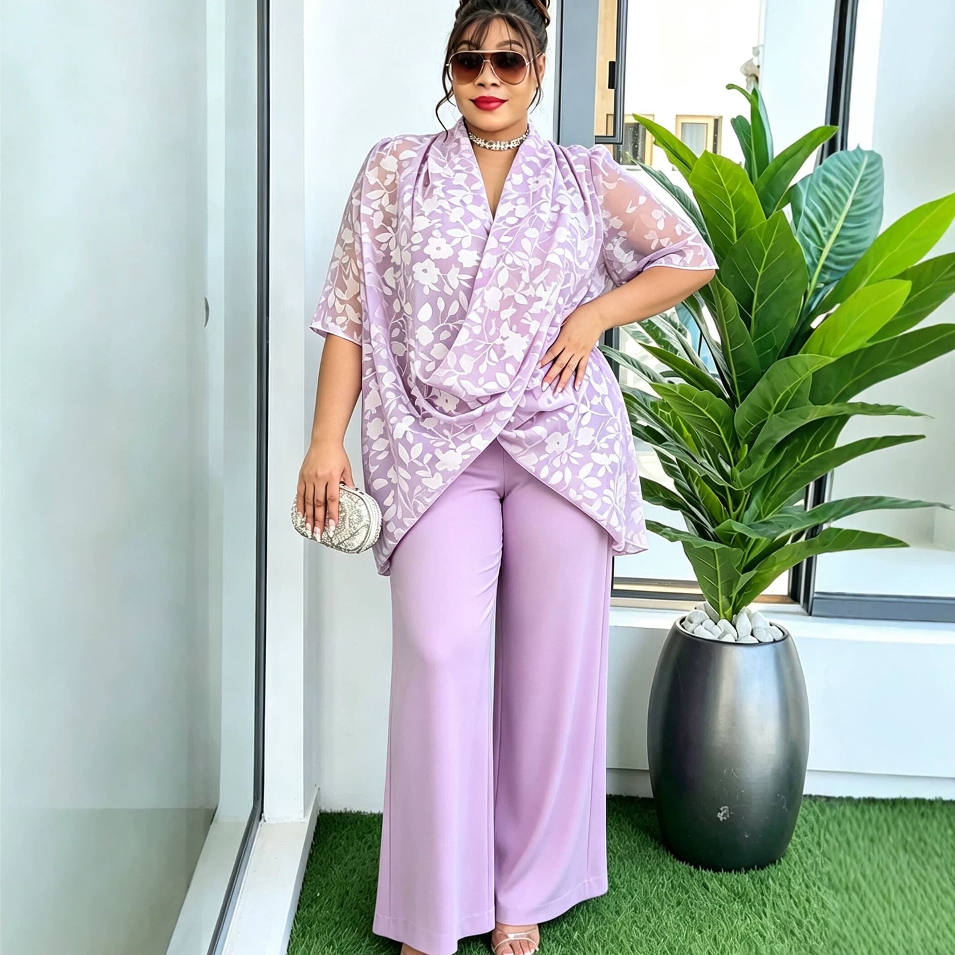 Plus Size Light Purple Printed Flowy Top High-Waist Wide-Leg Pants Two-Piece Set for Women