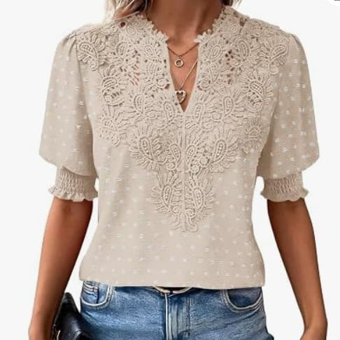 Women's Tops Polka Dot Bohemian Short Sleeve Shirt V Neck Casual Shirt Flowing Lace Fashion