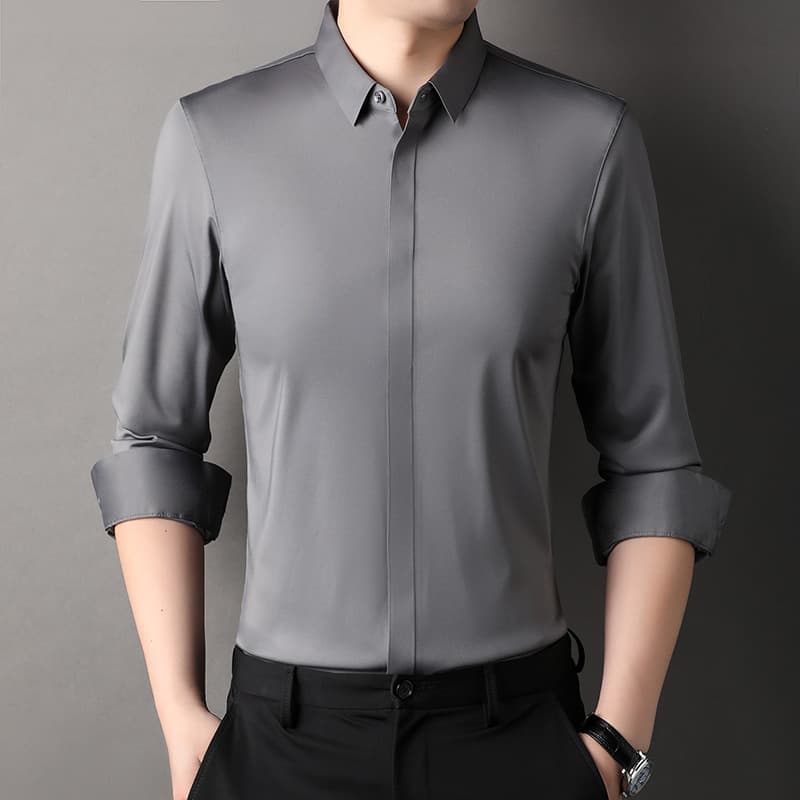Men's long-sleeved white shirt spring thin double placket high elastic seamless ironing-free business casual slim men's shirt