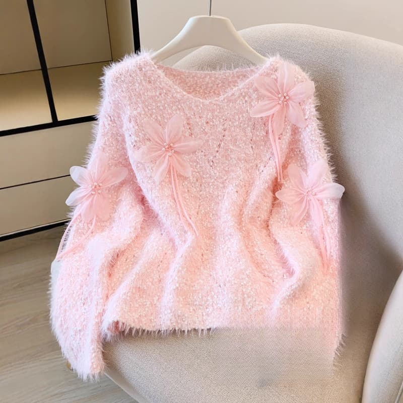 Faux Mink Velvet Soft Collar Pullover Knit Sweater Women's Fall Winter French Design Beaded Floral Top