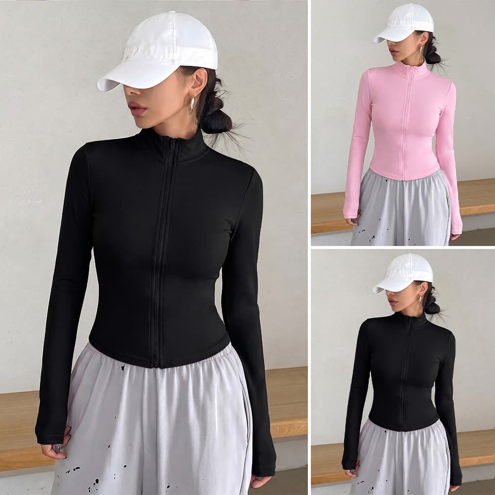 Cross-border women's clothing European and American slim-fit stand-up collar zipper short jacket women's sports casual jacket elastic slimming top