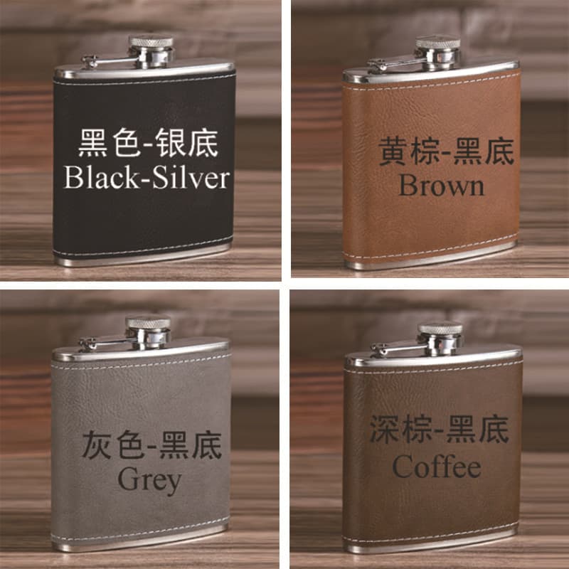 6oz laser-engraved leather stainless steel flasks, portable outdoor flat liquor bottles, portable flasks