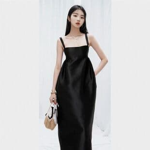 French Satin Banquet Birthday Party Host Elegant Slim Strappy High-Waist Evening Dress Flower Bud Little Black Dress