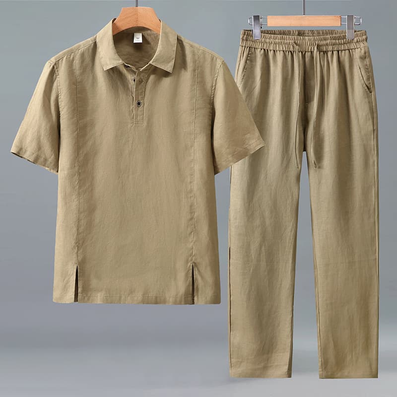 1517 Long and Short Pants Set New Chinese Style Linen Shirt Men's Summer New Short-Sleeved Loose Thin Solid Color Set