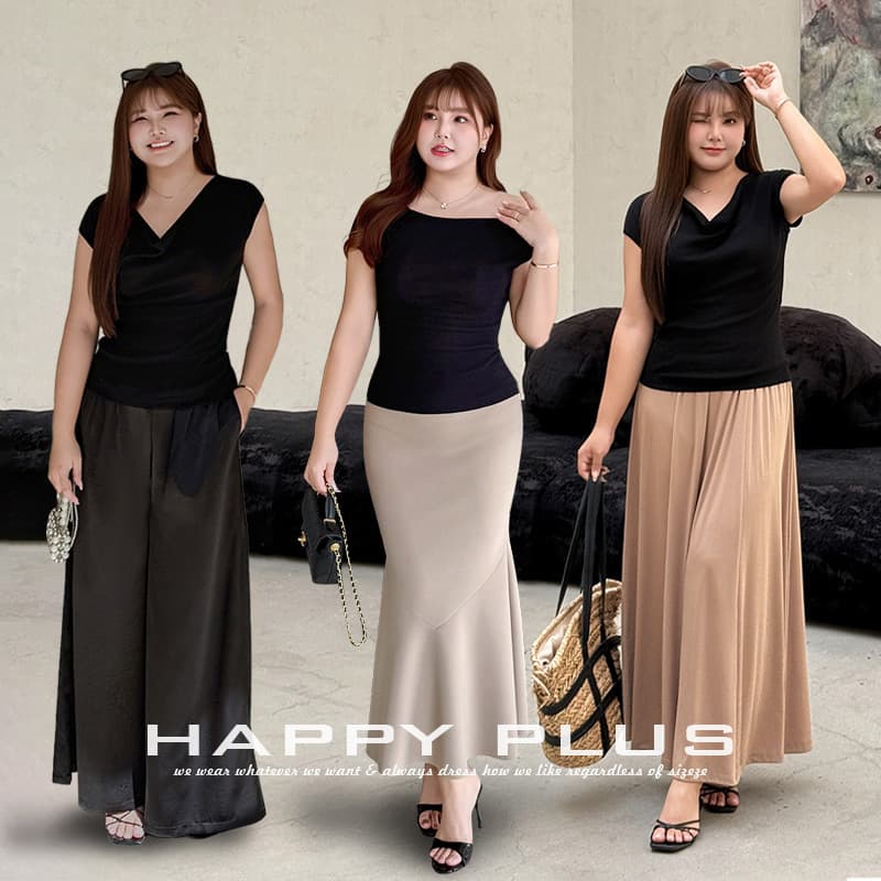 Runchi Plus Size French Style Short Sleeve Slimming Top 9507 Turtleneck Asymmetrical Shoulder Silk Cool Knit Top