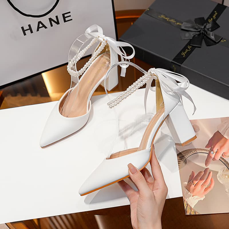 New Spring/Autumn Wedding Pointed Toe Women's Chunky Heel Pearl Ribbon European and American Export Plus Size White Versatile Women's Shoes