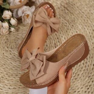 2026 Summer Bow Women's Wedge Heel Thick Sole Sandals Cross-border Plus Size Peep Toe Sandals with Floral Decoration