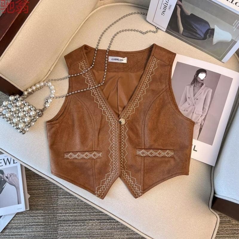 Bohemian Vintage Heavy Embroidery Vest Suede Vest Women Western Cowboy Vest Top