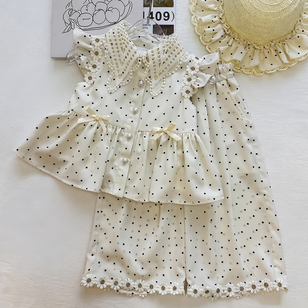 Girls' loose bow-knot polka-dot small flying sleeve babydoll suit summer elastic waist drapey wide-leg pants two-piece set