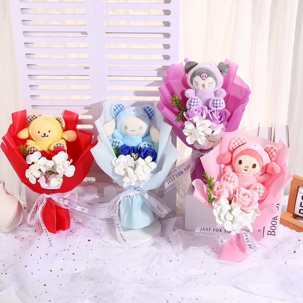 Qixi Valentine's Day Gift for Girlfriend Cartoon Plush Doll Mixed Soap Flower Bouquet Birthday Gift for Best Friend Creative Cartoon Bouquet