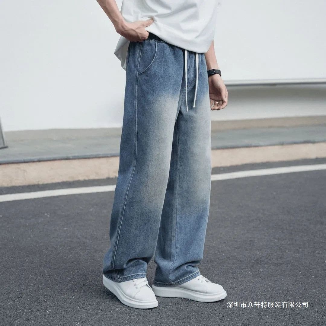 Straight wide-leg jeans with elastic waist, loose fit, high-waist, casual style for teens and men