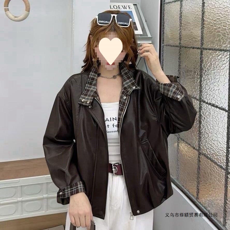 New Leather Jacket 2025 Autumn New Petite Motorcycle Jacket Plaid Patch Women's Casual Outerwear Top