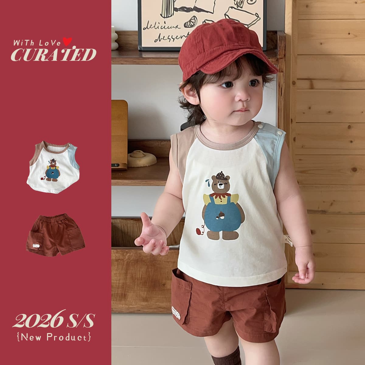 Boys' stylish two-piece Korean style children's clothes cartoon bear sleeveless contrasting color T-shirt 2 boys' casual pants suit