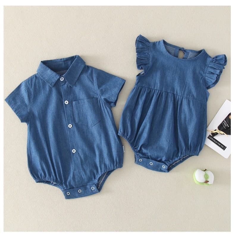Newborn Baby Cotton Shirt Collar Denim Crossbody Baby Pure Cotton Short Sleeves Crawler Suit Ins Baby Clothes