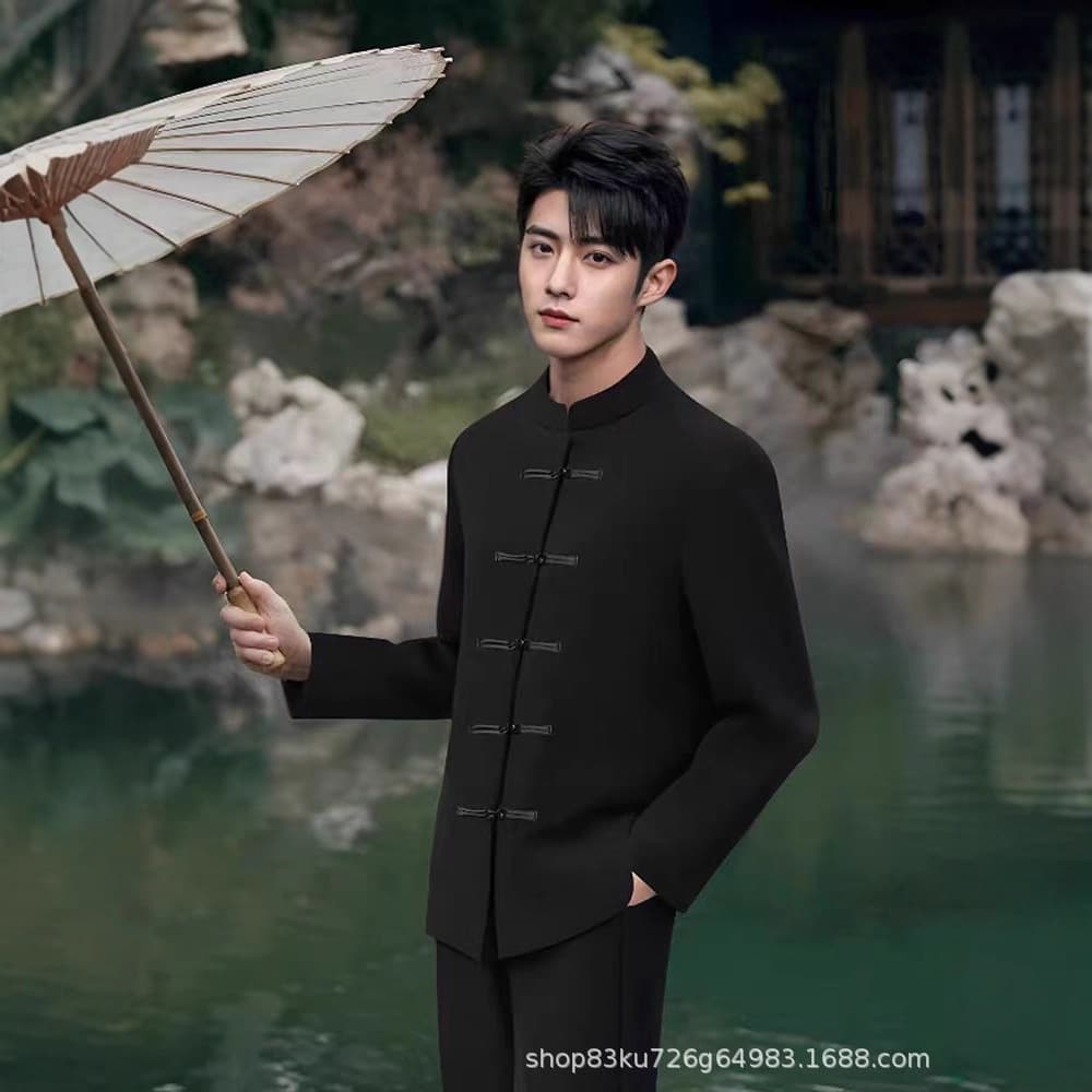 Jinzao New Chinese Style Stand Collar Zhongshan Suit Set Engagement Wedding Groom Chinese Style Frog Button Suit Jacket Shoulder Pads Tang Suit