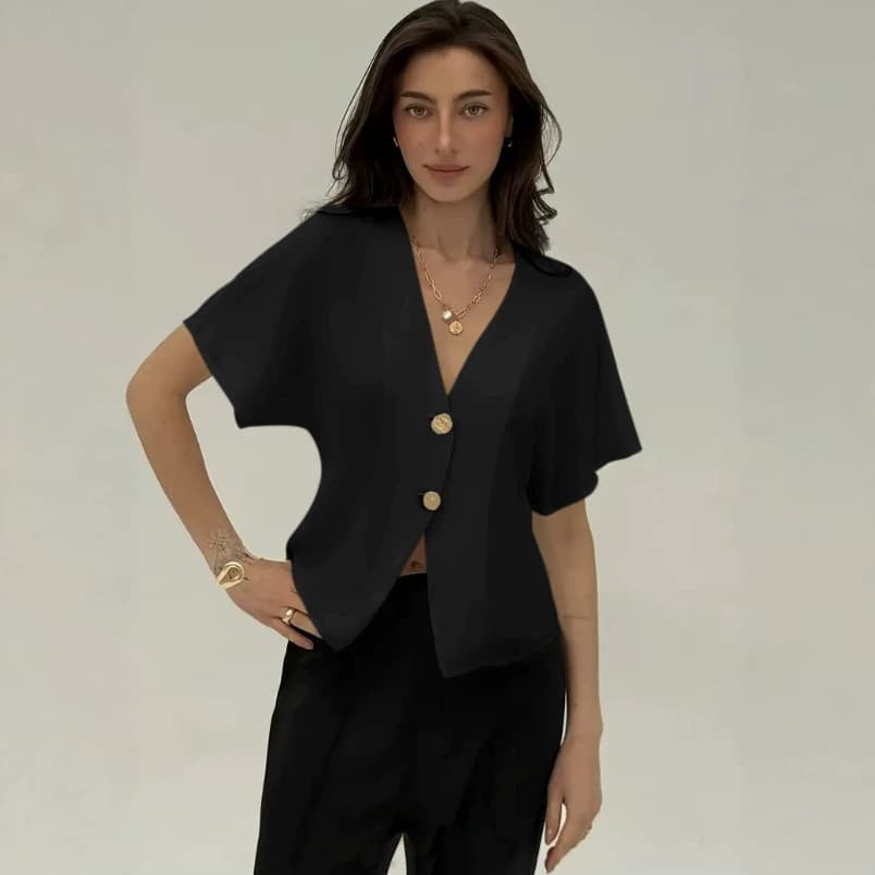 Elegant bat sleeve double breasted open solid color simple black shirt