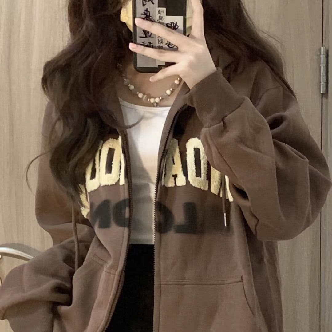 Wear this! [American embroidery] Harajuku style national trend hooded sweatshirt for women loose autumn zipper jacket.