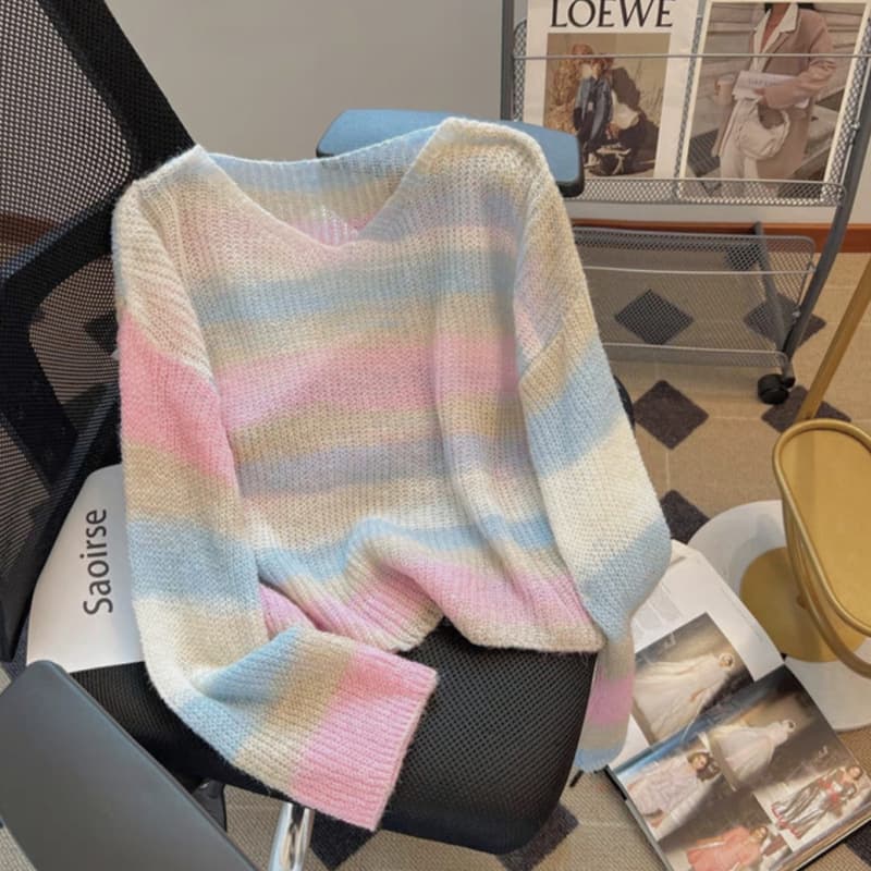 Rainbow Gradient Striped Knit Top Women Loose Lazy Style Hollow Thin Long Sleeve Chic V-Neck Sweater Top